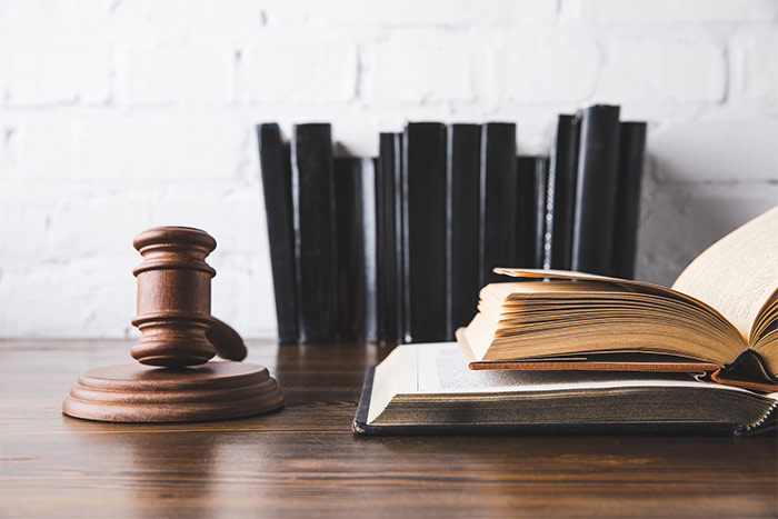 A gavel next to some open law books including one on business litigation