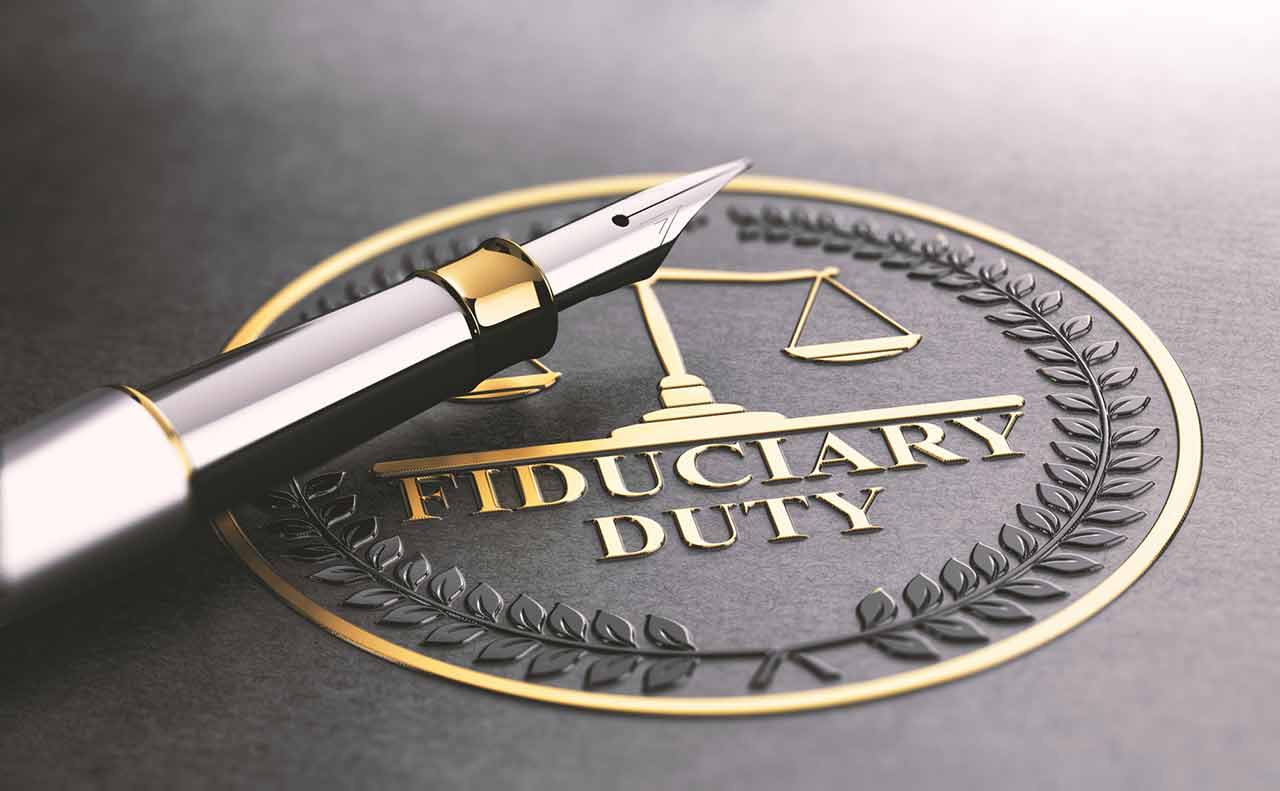 Image of a pen sitting on top of a legal seal that reads fiduciary duty.